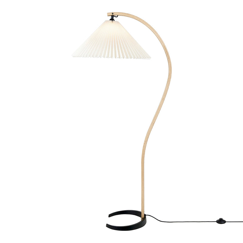 Minimalist floor lamp with a curved wooden base and white pleated shade, featuring black detailing. Perfect for modern décor.