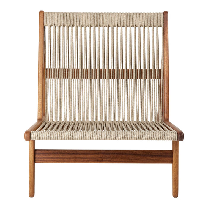 Natural wood tones with beige woven seat and backrest, featuring a minimalistic, modern striped pattern.