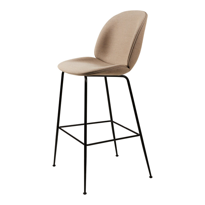 Beige upholstered bar stool with sleek black metal legs, featuring a modern, minimalist design. Perfect for any decor.