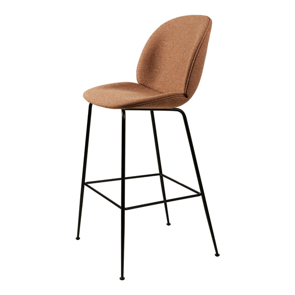 Stylish brown upholstered bar stool with sleek black metal legs, featuring a modern, minimalist design.