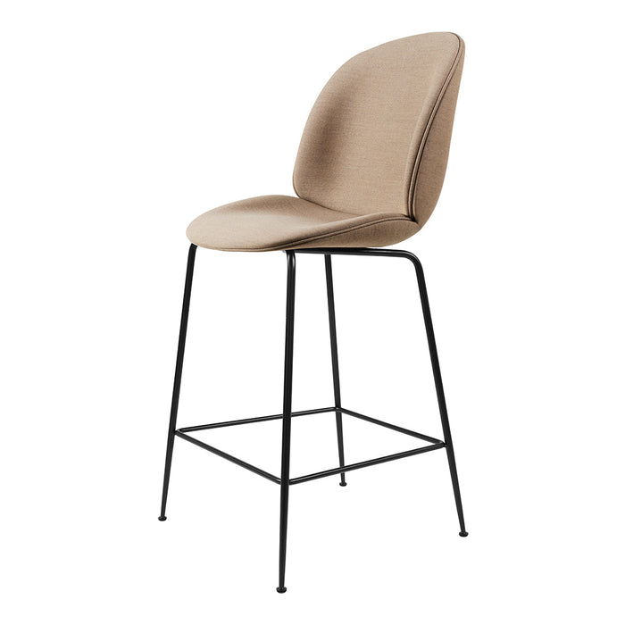 Beige upholstered bar stool with a sleek black metal frame and minimalist design. Perfect for modern decor.