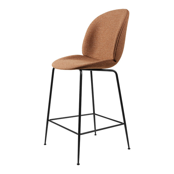 "Modern brown upholstered stool with a sleek black metal frame."