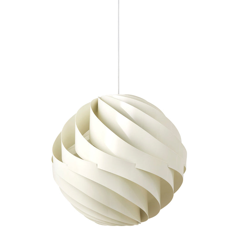 White pendant lamp with a spiral pattern, featuring soft curves and an elegant spherical design. 