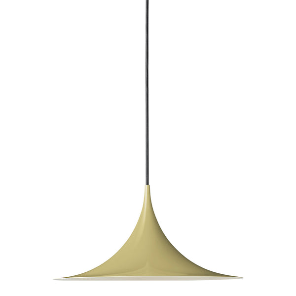 "Pale yellow pendant lamp with a sleek, modern design and black hanging cord."