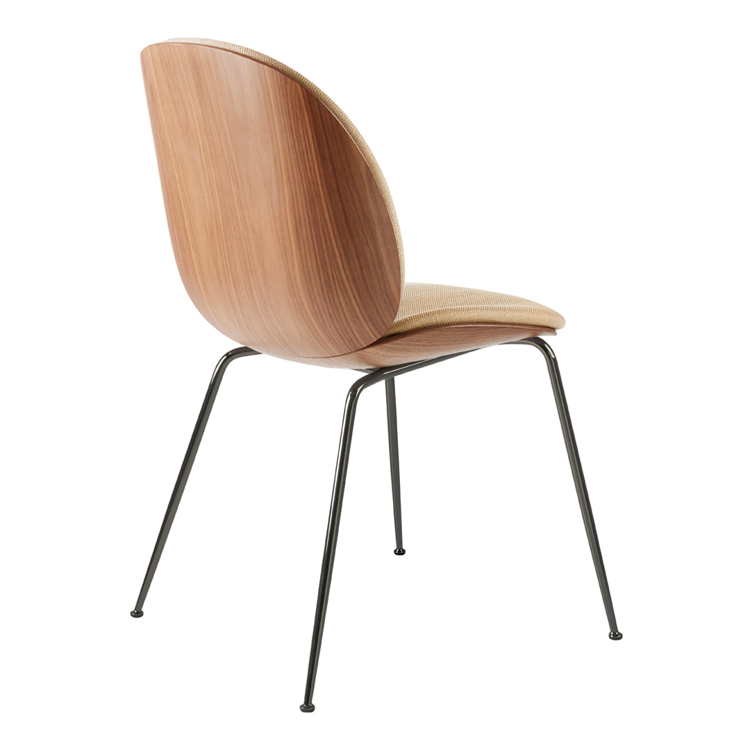 Modern wooden chair with a warm walnut finish and sleek black metal legs. Minimalist design with smooth curves.