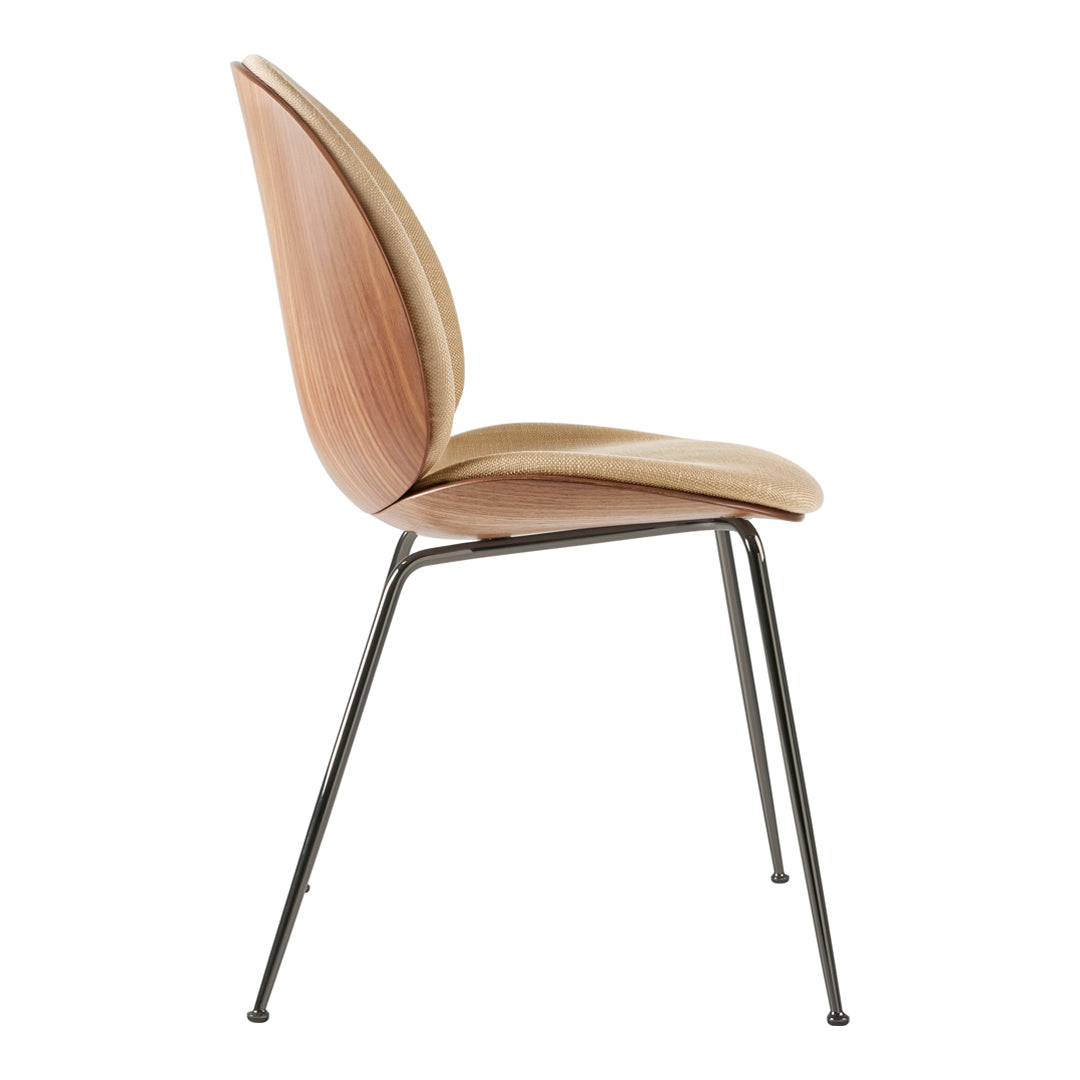 Side view of a minimalist chair featuring a warm wood finish and sleek black metal legs. Modern, stylish design.