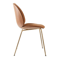 Modern wooden chair with a warm brown finish and sleek gold legs, featuring a smooth, curved design.