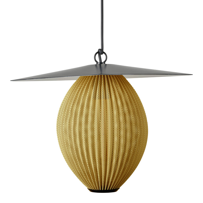 Yellow paper lantern with textured ribbed pattern, topped with a sleek black metal shade. Ideal for modern decor.