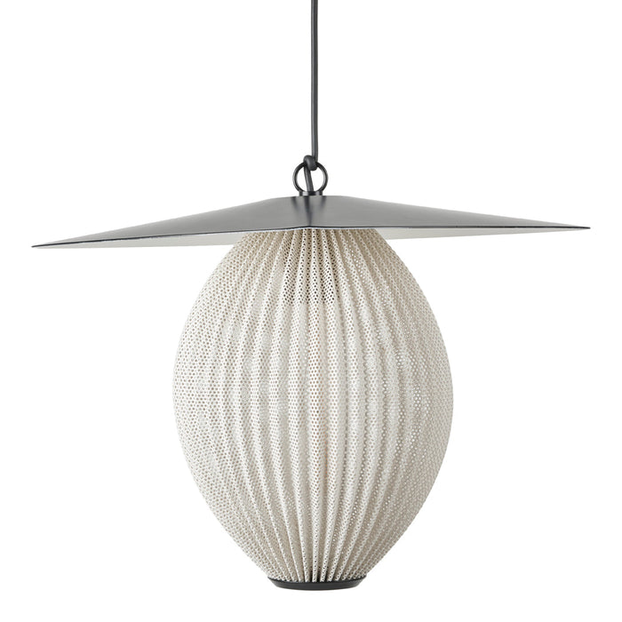 White ribbed paper pendant lamp with a sleek black metal canopy, showcasing a modern, minimalist design.