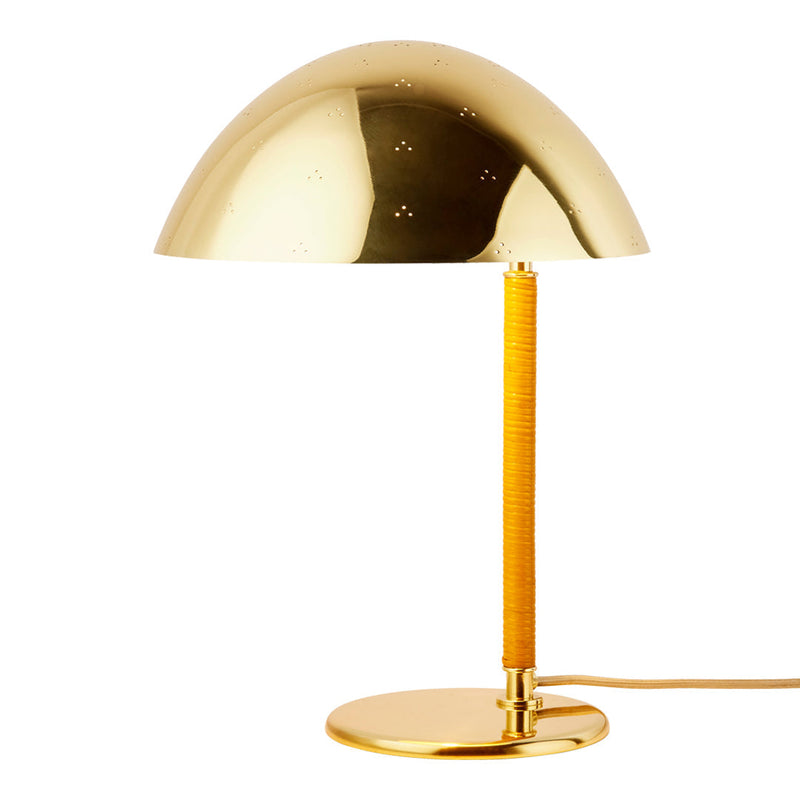 Gold dome lamp with a textured yellow handle and circular base, showcasing a sleek and modern design.