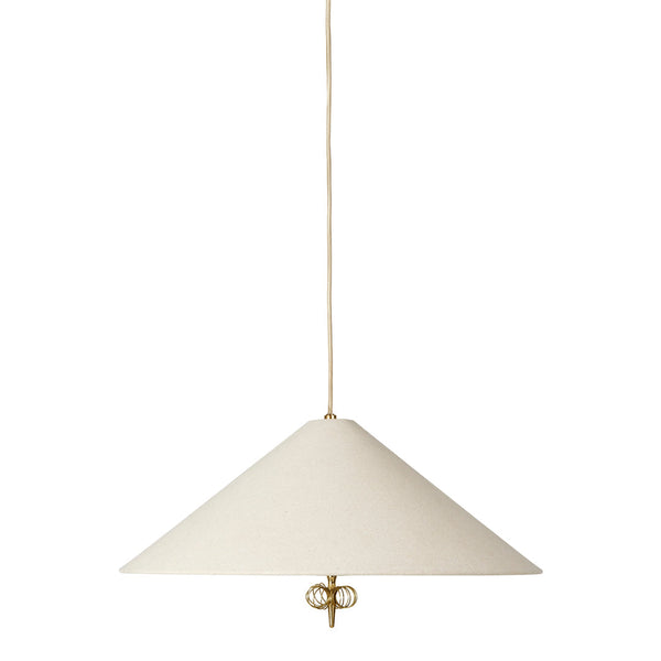 White conical pendant lamp with a minimalist design and a brass accent, offering a sleek and modern look.