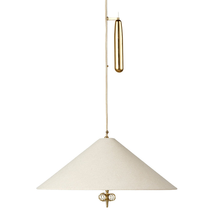 Elegant white cone-shaped pendant lamp with a gold accent and minimalistic design, perfect for modern interiors.
