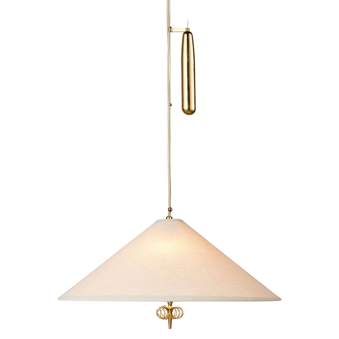 Modern white pendant lamp with a sleek conical shape and elegant brass accents. Perfect for stylish decor.