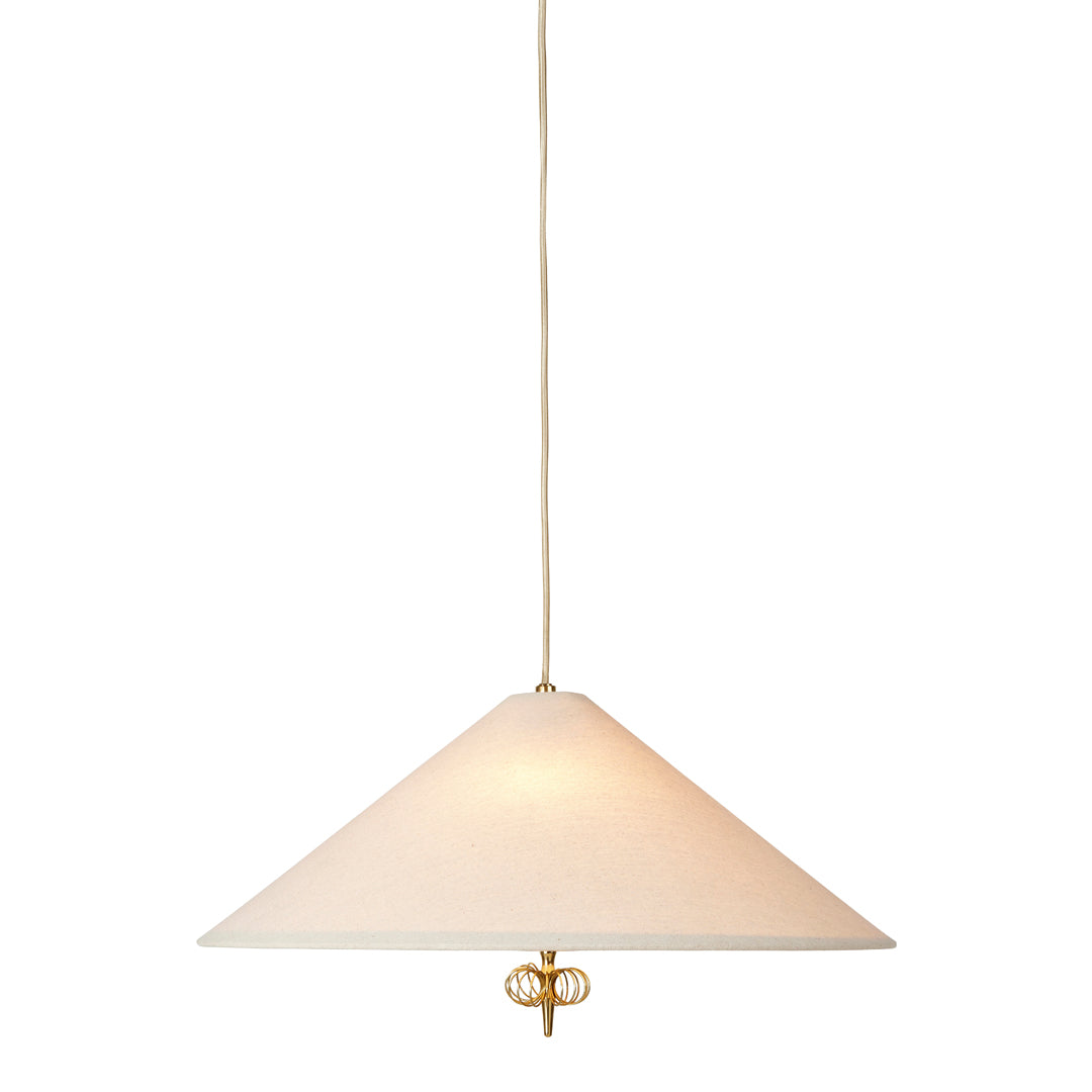 White conical pendant light with a soft glow, accented by gold hardware; minimalist design for modern decor.