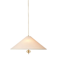 White conical pendant light with a soft glow, accented by gold hardware; minimalist design for modern decor.