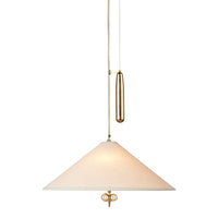 White conical pendant lamp with a brass accent and minimalist design. Ideal for modern home decor.