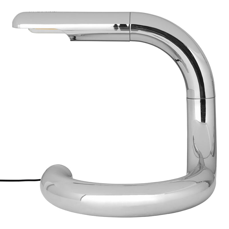 Sleek chrome desk lamp with a modern, curved design and reflective surface, enhancing contemporary decor.