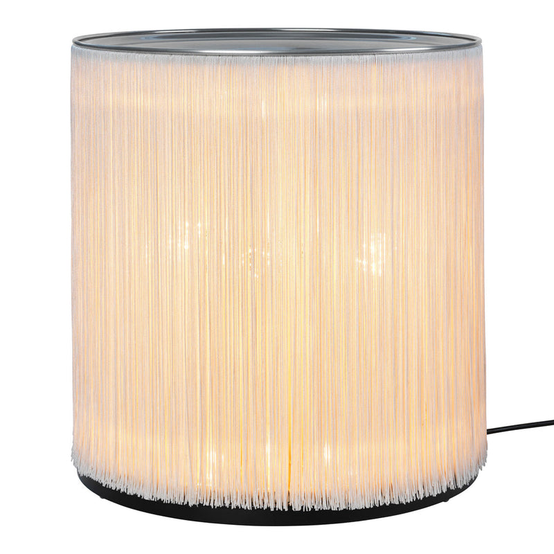 Round lamp featuring soft cream fringes and a sleek black base, creating a modern and elegant aesthetic.