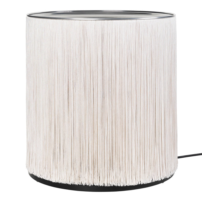 White fringed lamp with a sleek black base, featuring a modern and stylish design. Perfect for contemporary decor.