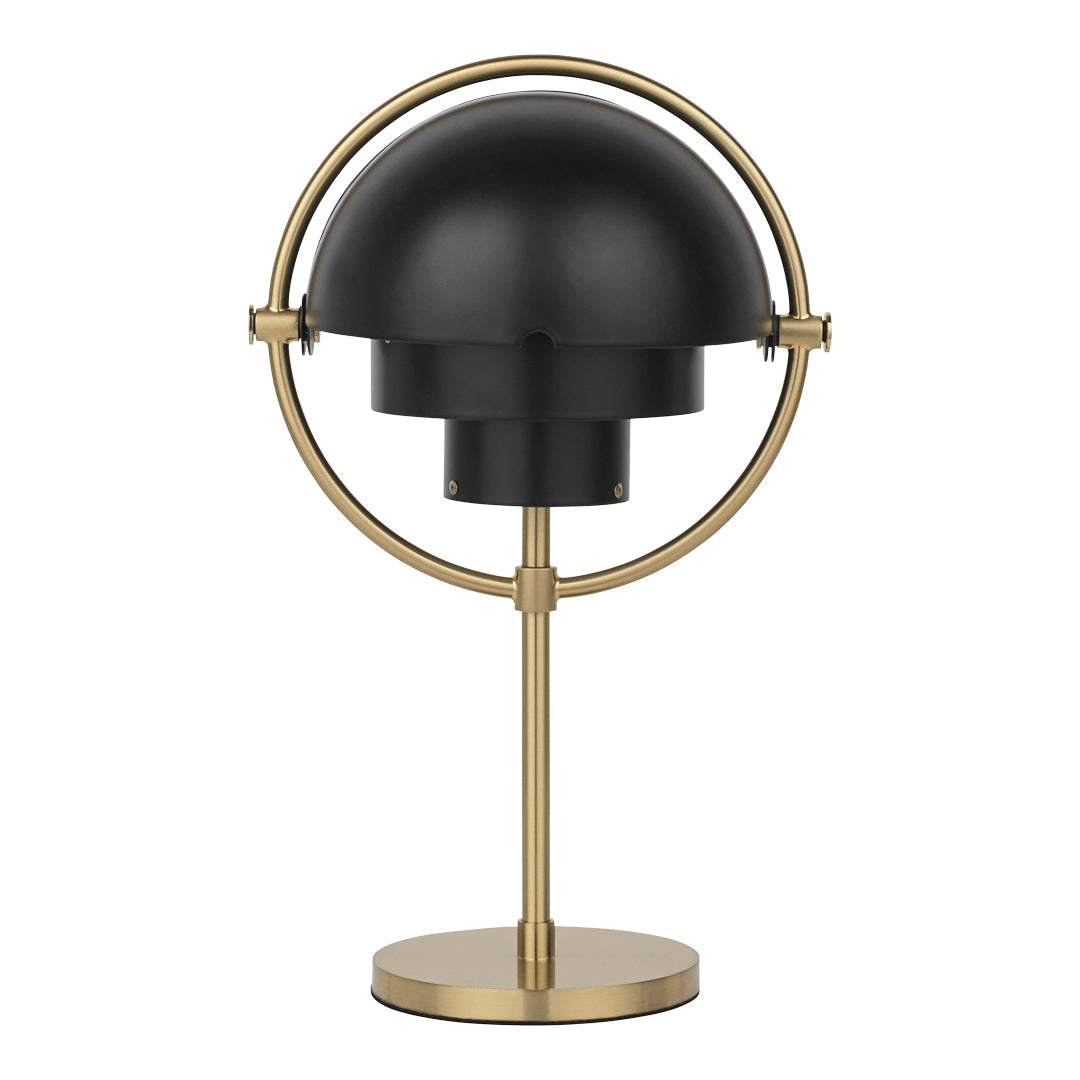 Black and gold lamp featuring a smooth dome shade and a circular base design. Ideal for modern decor.