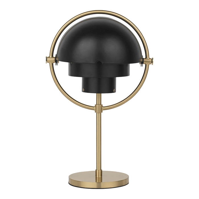 Black and gold lamp featuring a smooth dome shade and a circular base design. Ideal for modern decor.