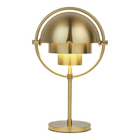 Sleek gold table lamp with a modern dome shade and circular accents, perfect for contemporary decor.