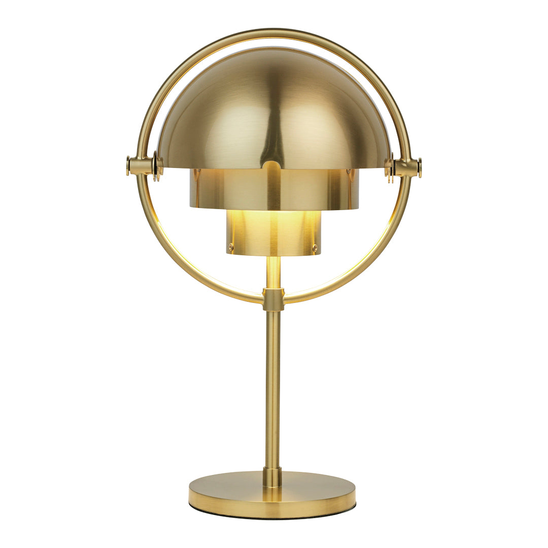 Sleek gold table lamp with a modern dome shade and circular accents, perfect for contemporary decor.