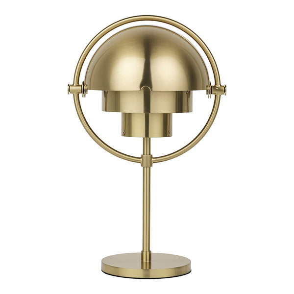 Brass desk lamp with a sleek, modern design featuring a circular base and a symmetrical dome shade.