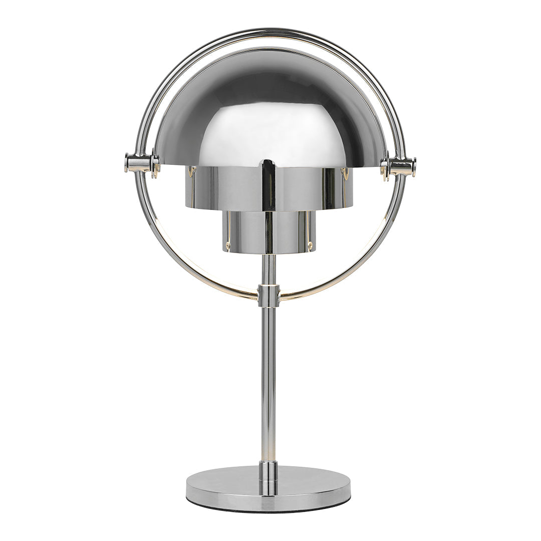 Silver chrome table lamp with a sleek spherical design and polished metallic finish, perfect for modern decor.