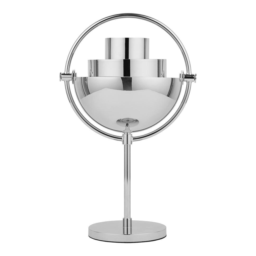 Sleek silver lamp with a modern circular base and layered geometric design. Perfect for contemporary decor.