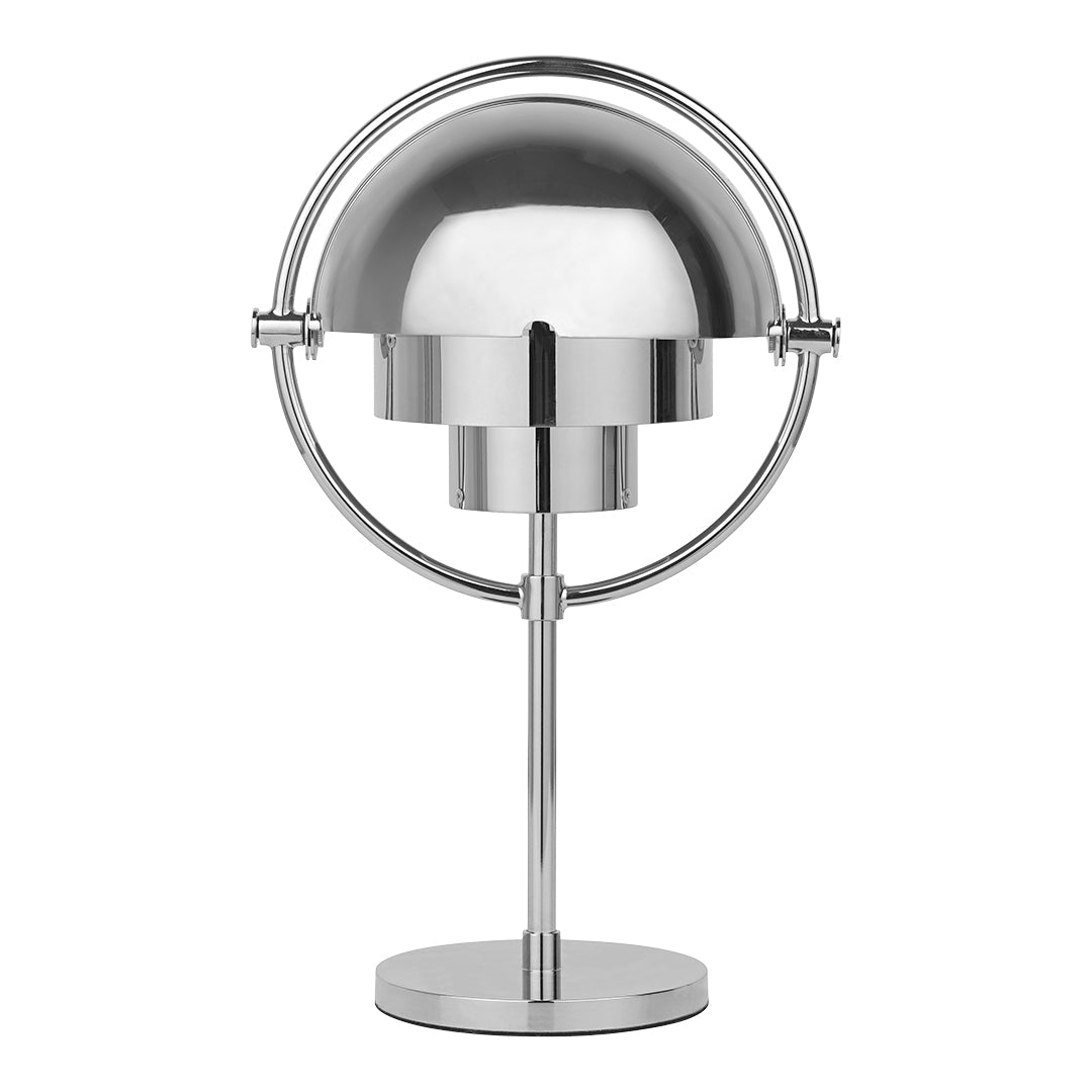 Sleek chrome table lamp with a smooth, circular design and round base, perfect for modern decor.