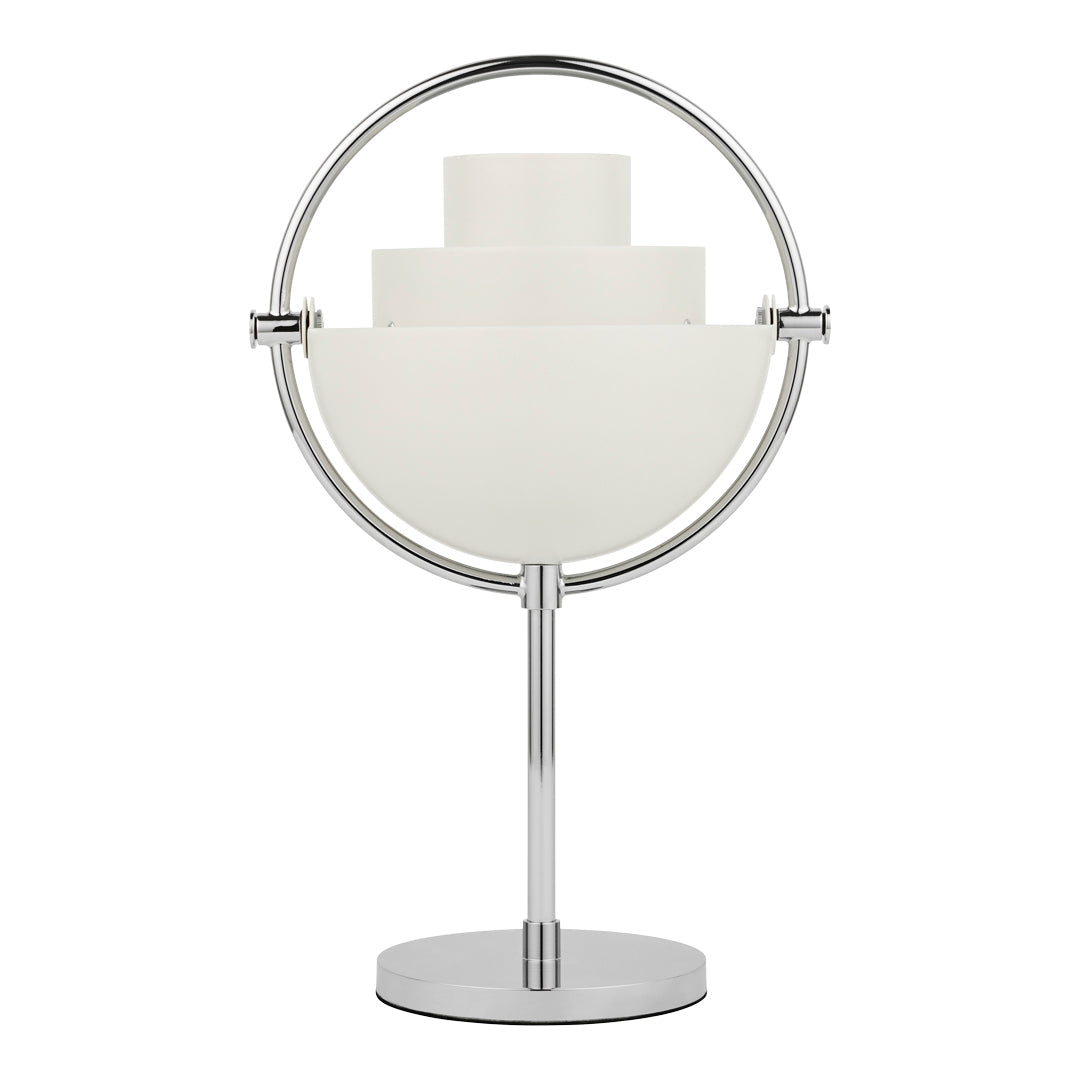 Modern chrome lamp with minimalist white shades and circular design for a sleek, contemporary look.