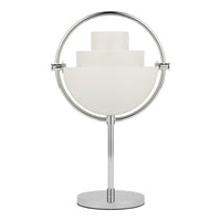Modern chrome lamp with minimalist white shades and circular design for a sleek, contemporary look.
