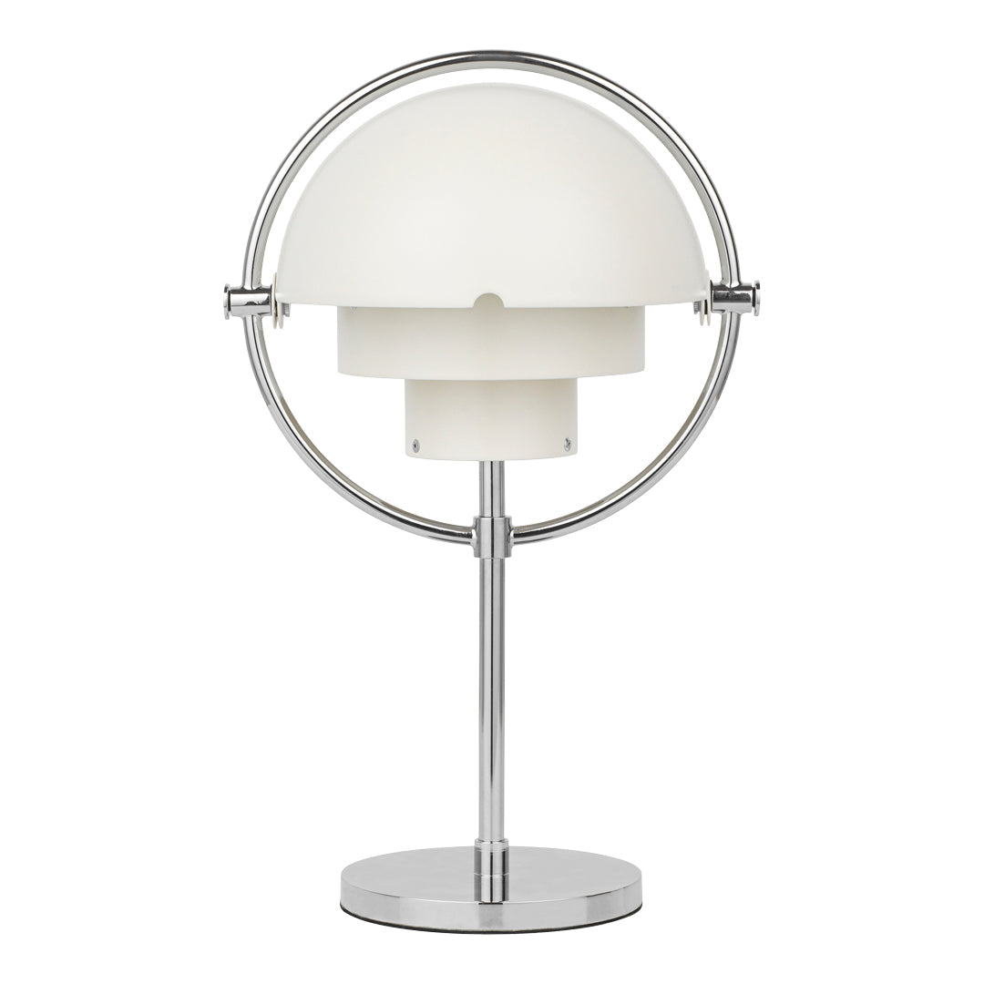 Modern table lamp with a glossy chrome base and a sleek white globe shade, featuring a minimalist design.