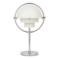 Modern table lamp with a glossy chrome base and a sleek white globe shade, featuring a minimalist design.