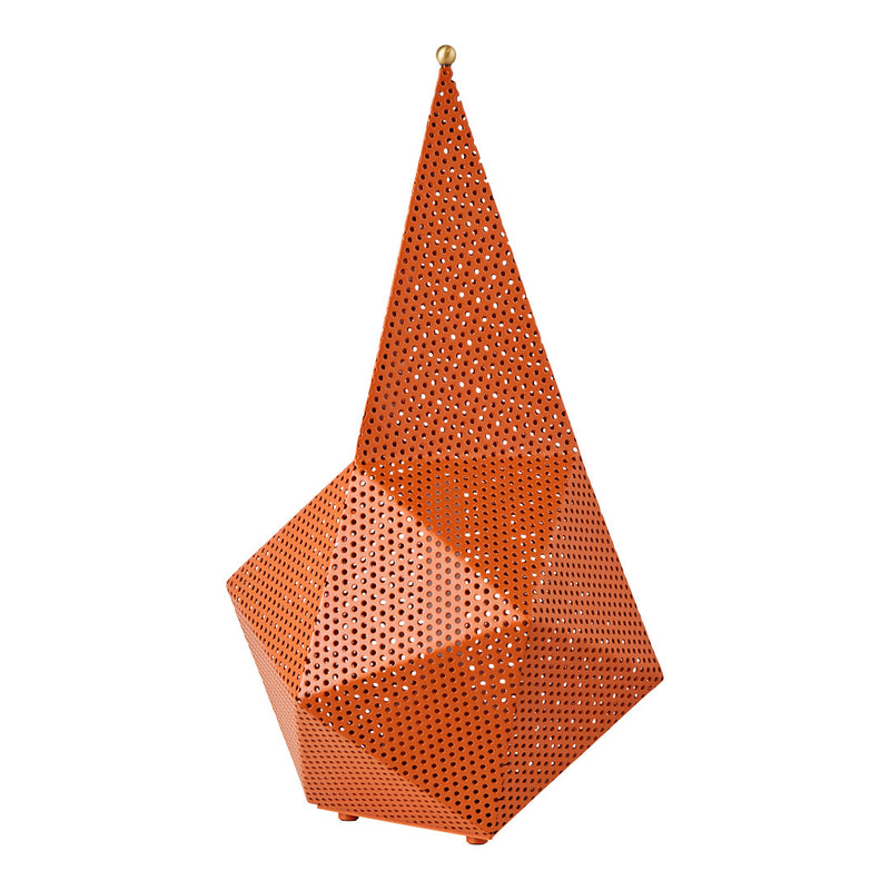 Orange geometric sculpture with intricate perforated patterns and sharp angles. Perfect for modern decor.