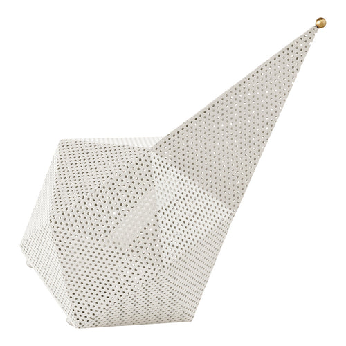 White geometric sculpture featuring a pointed top and intricate dotted pattern, adding a modern touch to any decor.