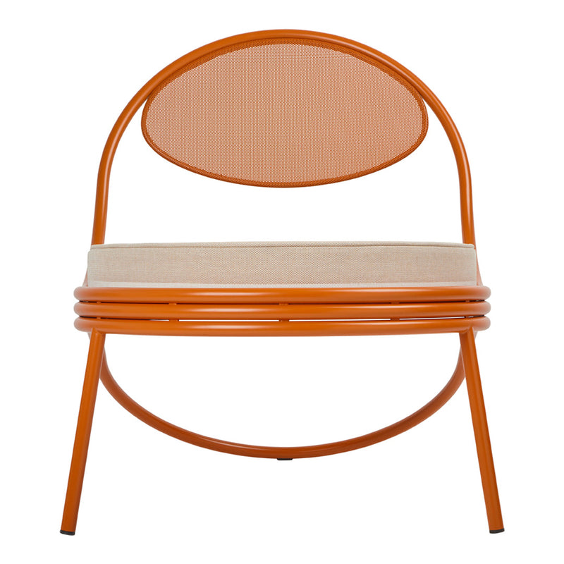 "Stylish orange metal chair with a woven backrest and beige cushioned seat, perfect for modern decor."