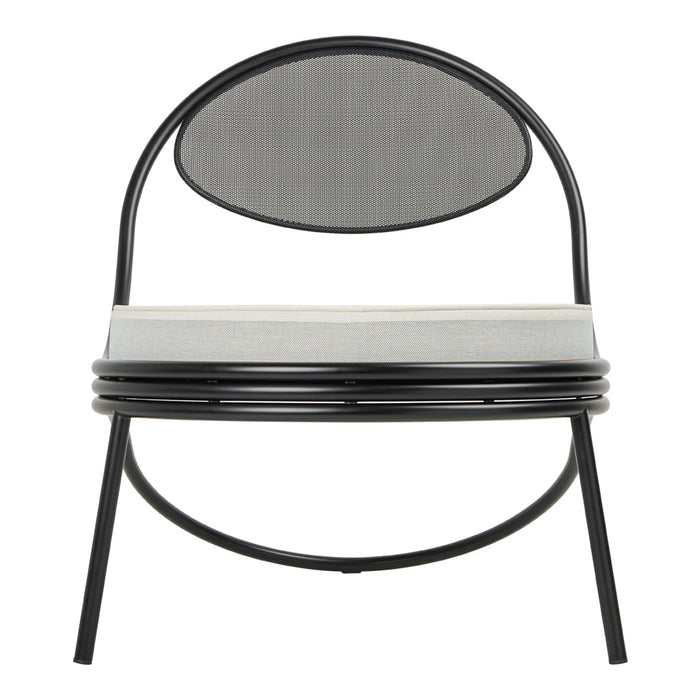 Black metal chair with a round mesh back and light gray cushioned seat, showcasing a modern minimalist design.
