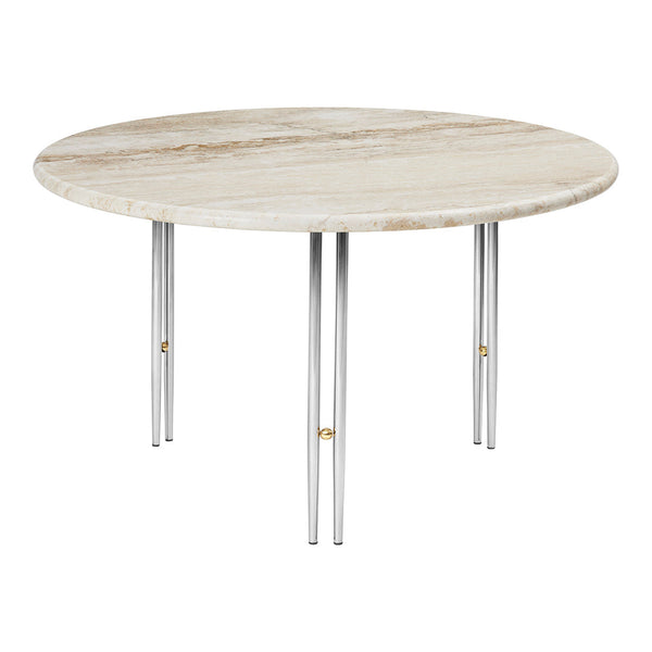 Round marble dining table with a light beige surface and sleek silver legs, showcasing elegant natural veining patterns.