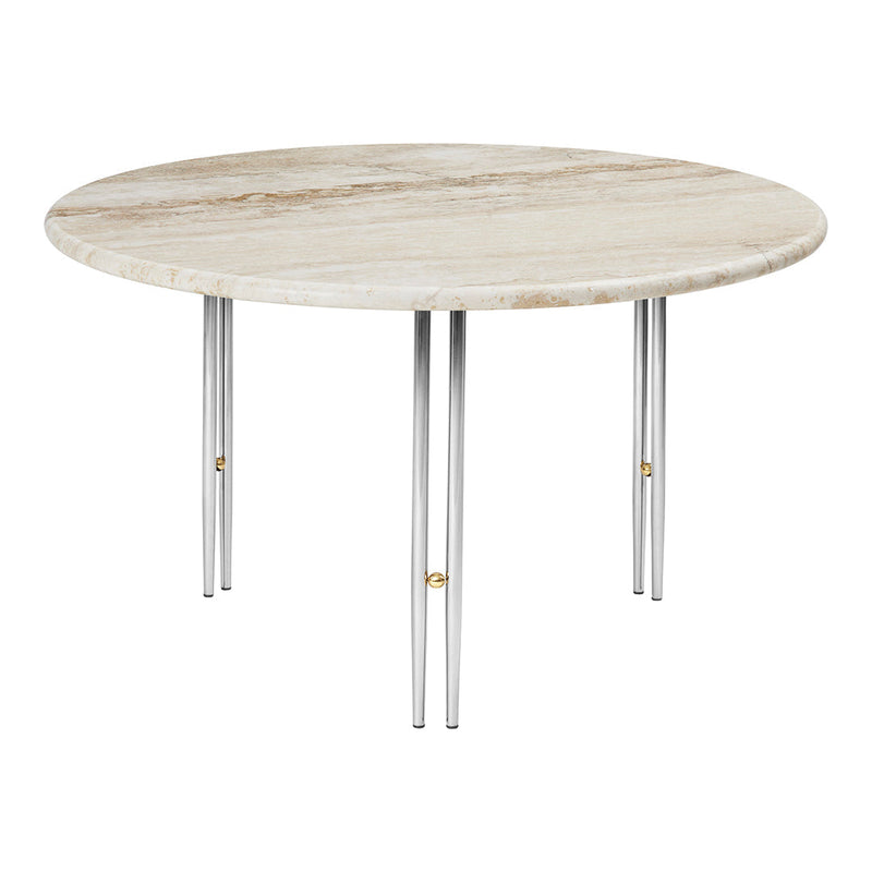 Round marble dining table with a light beige surface and sleek silver legs, showcasing elegant natural veining patterns.