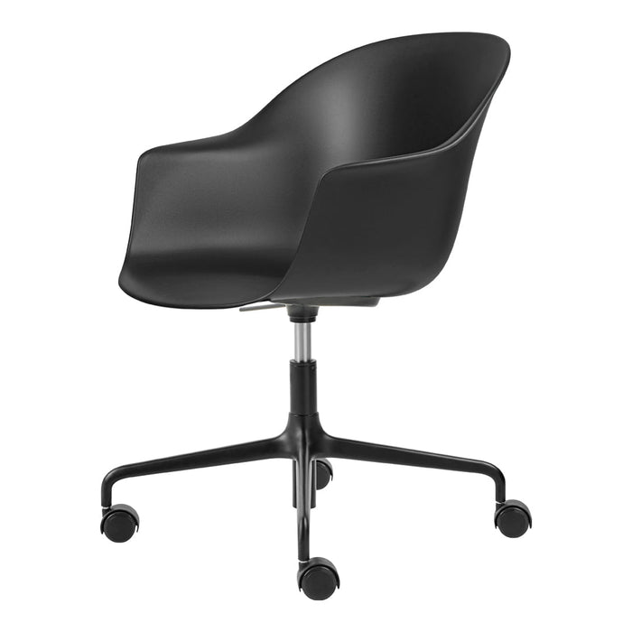 Black ergonomic office chair with a smooth finish and sturdy black base, featuring a minimalist design.