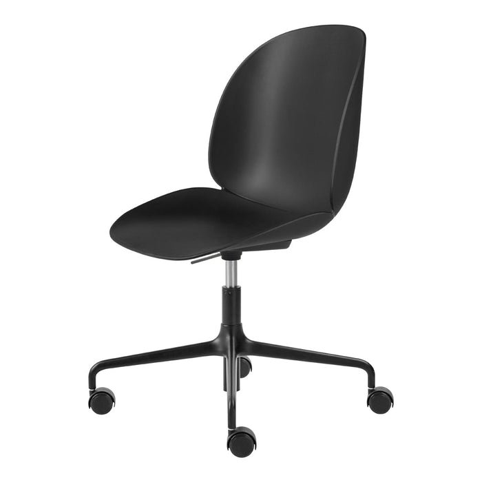Black ergonomic chair with a sleek design and smooth matte finish, featuring a five-wheel base for mobility.