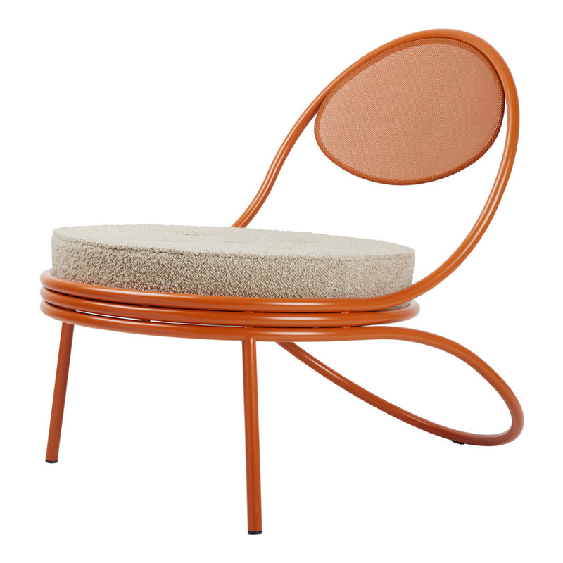 Orange metal chair with a round beige cushion and sleek, modern design. Perfect for stylish indoor decor.