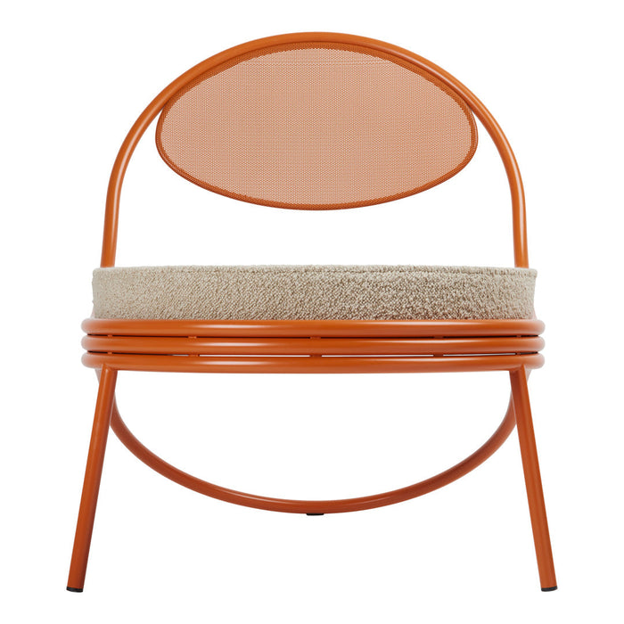 Orange metal chair with a round backrest and a textured beige cushion. Modern design with bold color contrast.
