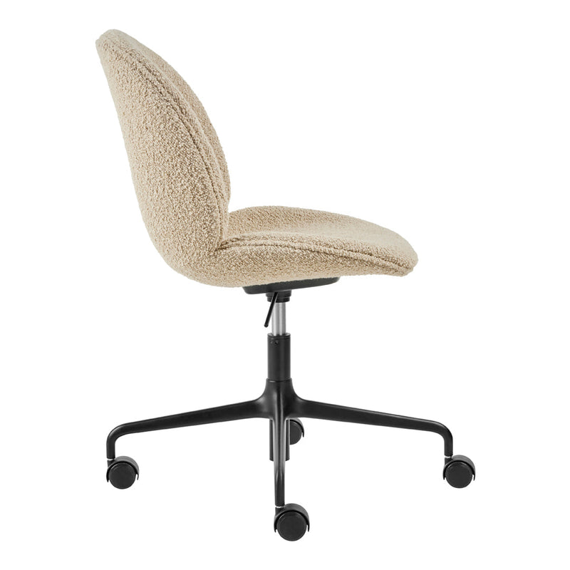 Beige textured office chair with a soft, plush upholstery and a sleek black base. Perfect for modern workspaces.
