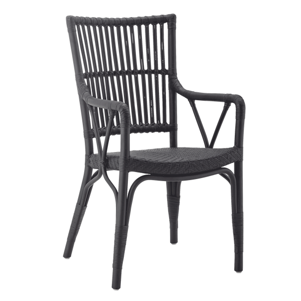 Stylish black chair featuring a modern woven pattern and sleek design, perfect for indoor and outdoor use.
