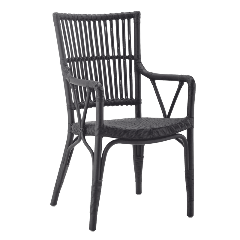 Stylish black chair featuring a modern woven pattern and sleek design, perfect for indoor and outdoor use.
