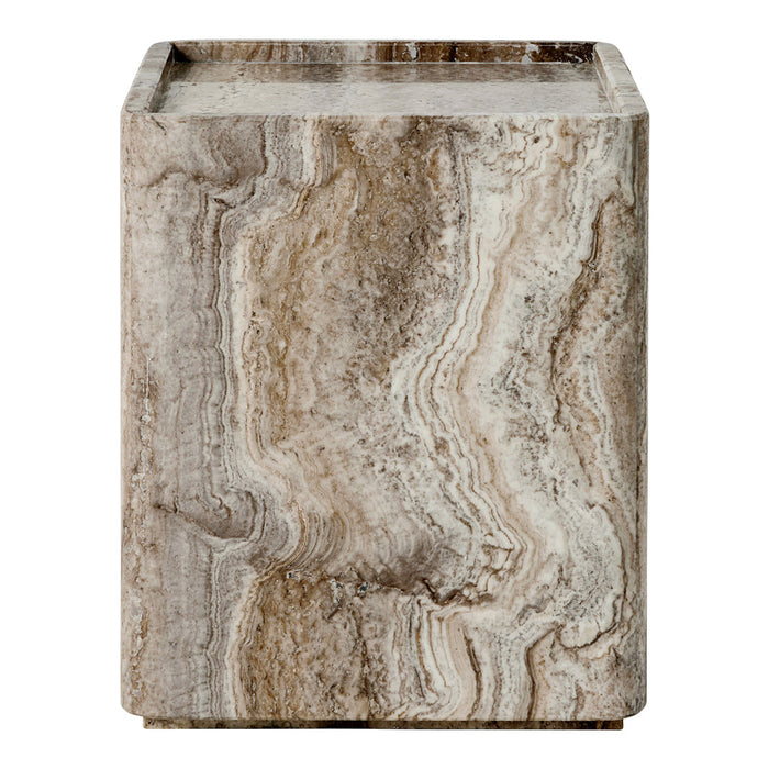 Natural stone cube with swirled beige and light brown patterns, featuring a smooth finish.