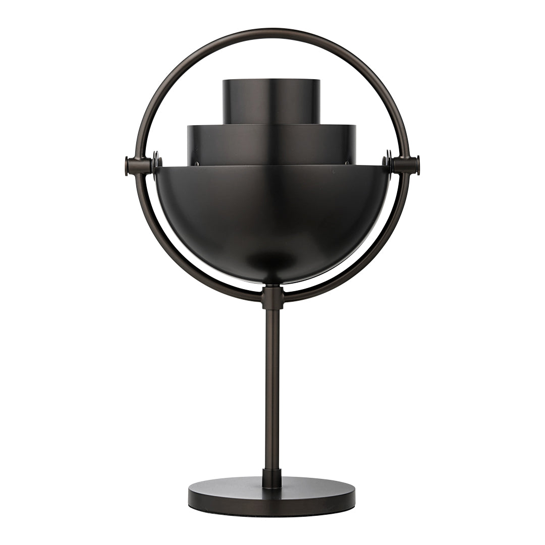 Sleek black lamp with a circular base and layered geometric design. Matte finish adds a modern touch to any decor.
